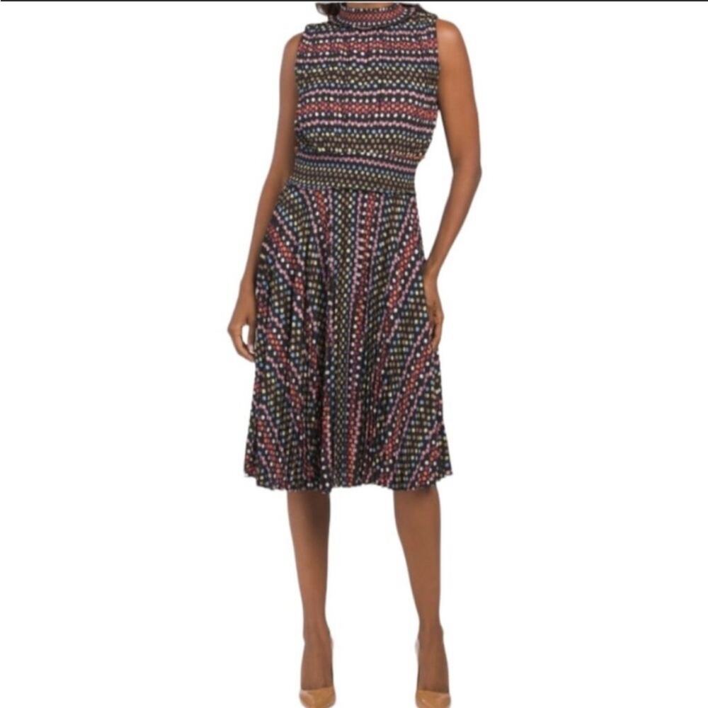 Nanette Nanette Lepore Black Polka-Dot Pleated Smocked detail Midi Dress Sz 6 - Picture 1 of 10